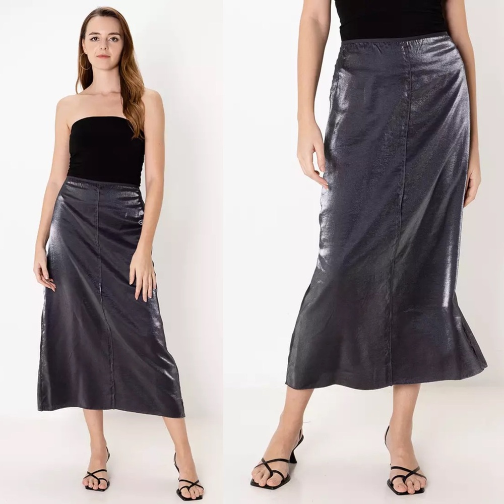 Zara NWT Iridescent Metallic Foil Effect Midi Skirt in Silver Grey Gunmetal XL